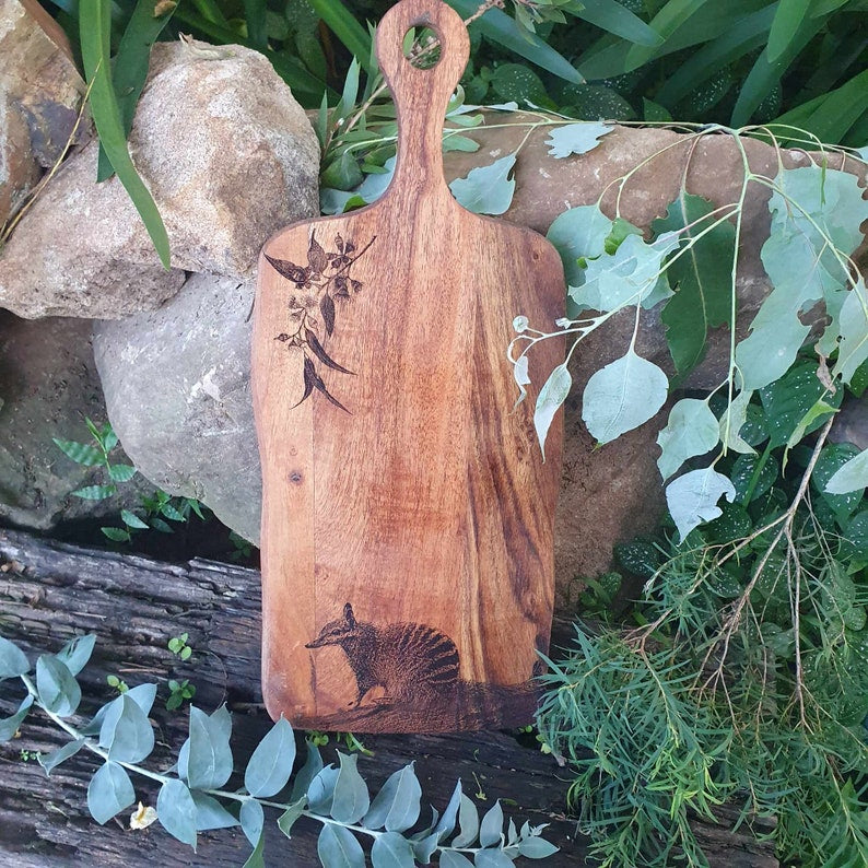 Numbat & Eucalyptus Custom Engraved Australian Native Hardwood Chopping/Cutting/Serving Paddle Board