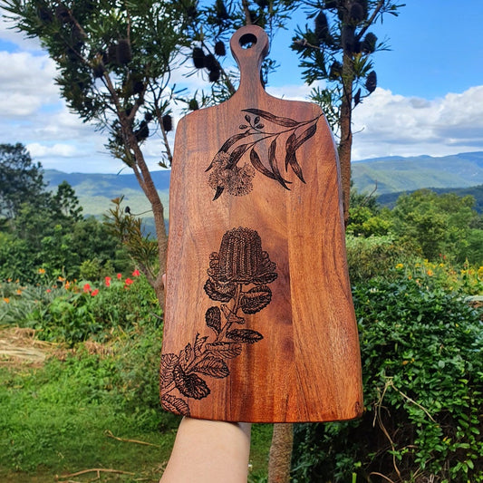 Banksia Coccinea & Eucalyptus Globulus Custom Engraved Australian Native Flower Hardwood Chopping/Cutting/Serving Paddle Board