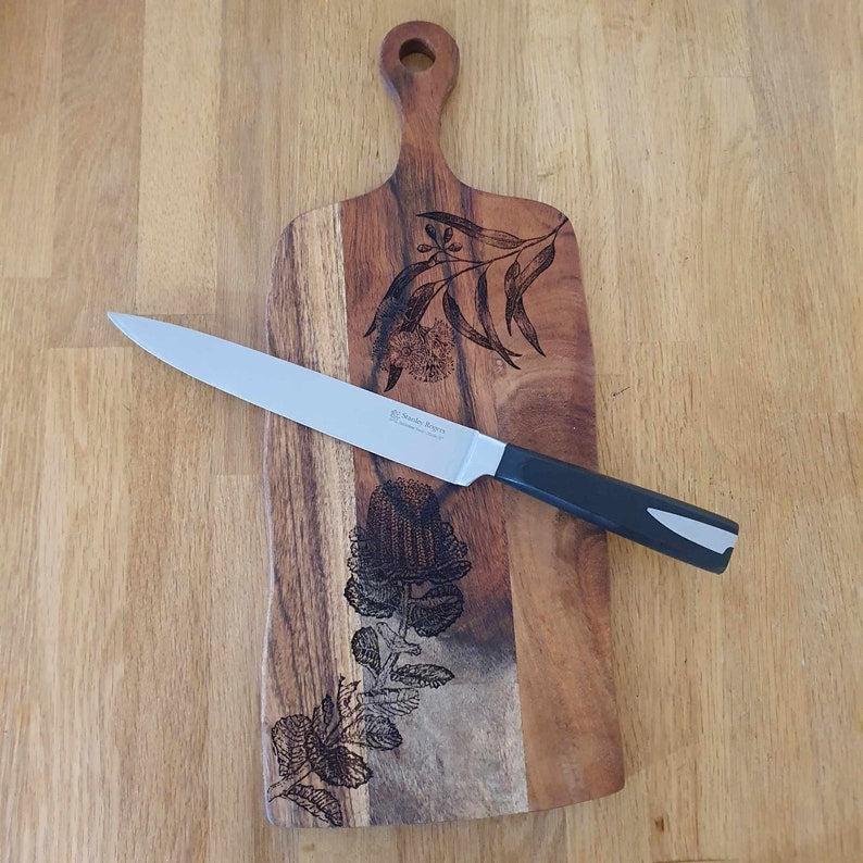 Banksia Coccinea & Eucalyptus Globulus Custom Engraved Australian Native Flower Hardwood Chopping/Cutting/Serving Paddle Board