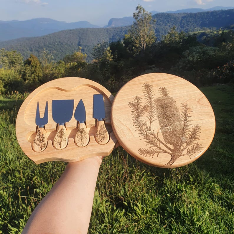 Banksia Ericifolia Australian Native Engraved Cutting Chopping Cheese Serving Board with 4 Knives Set