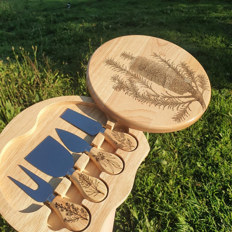 Banksia Ericifolia Australian Native Engraved Cutting Chopping Cheese Serving Board with 4 Knives Set