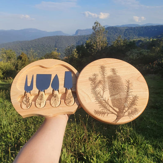 Banksia Ericifolia Australian Native Engraved Cutting Chopping Cheese Serving Board with 4 Knives Set