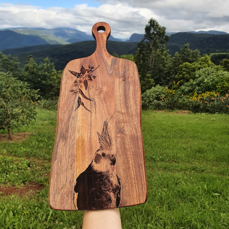 Cockatiel Custom Engraved Australian Native Hardwood Chopping/Cutting/Serving Paddle Board