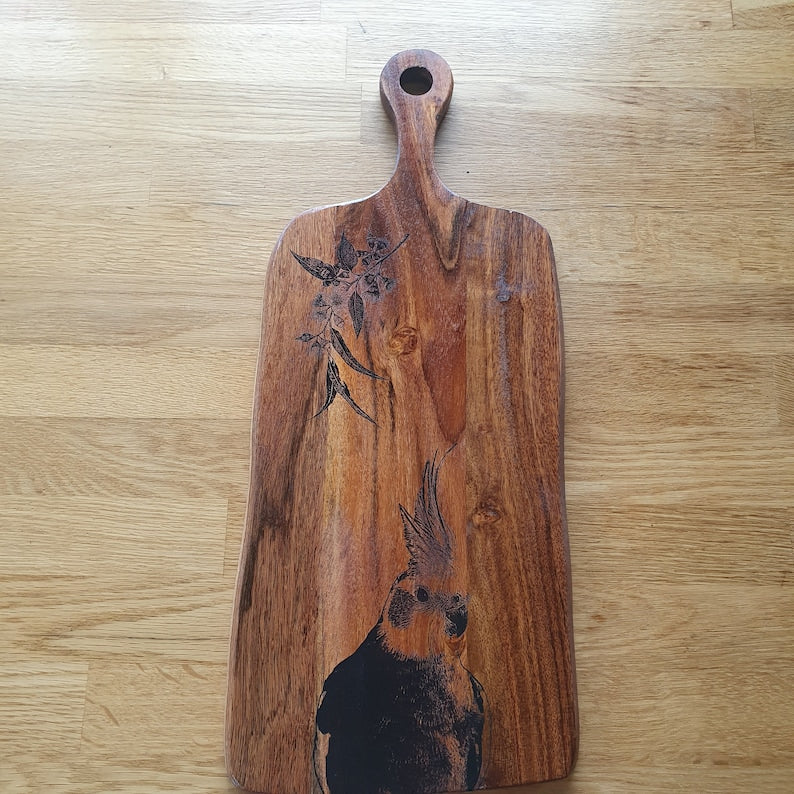 Cockatiel Custom Engraved Australian Native Hardwood Chopping/Cutting/Serving Paddle Board