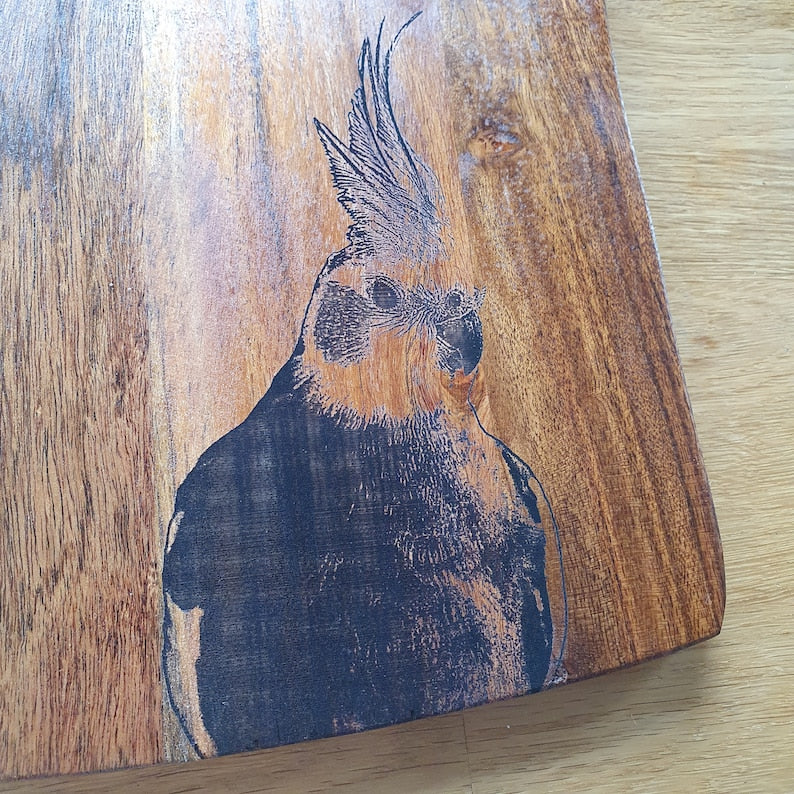 Cockatiel Custom Engraved Australian Native Hardwood Chopping/Cutting/Serving Paddle Board