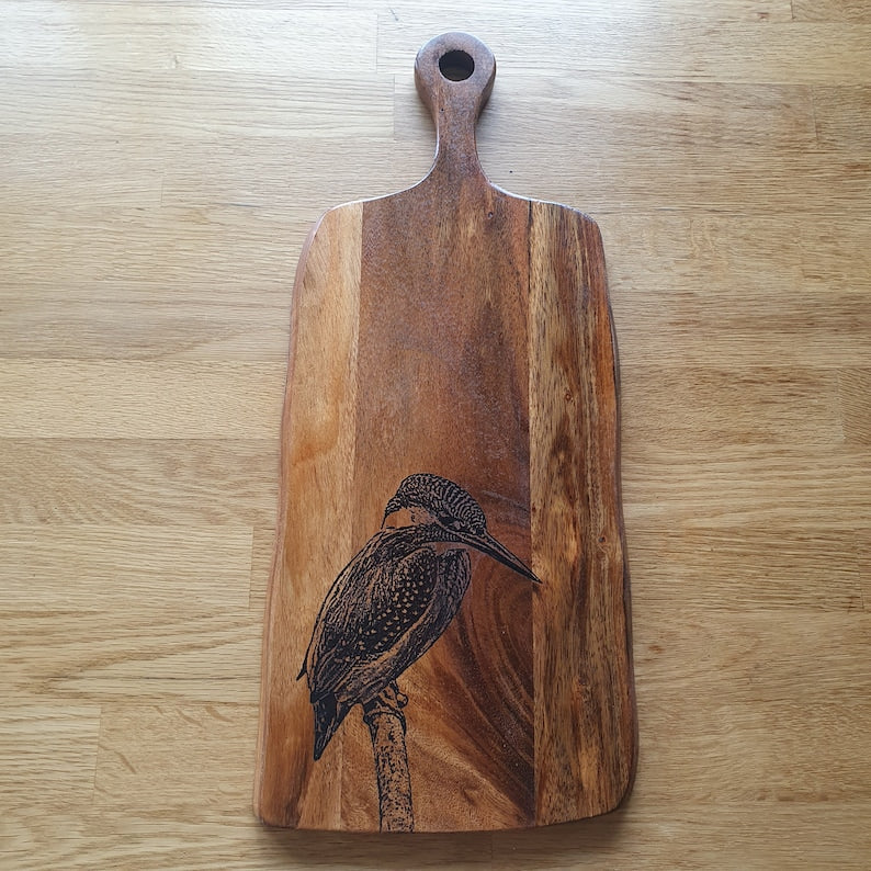 Common Kingfisher Custom Engraved Australian Native Hardwood Chopping/Cutting/Serving Paddle Board