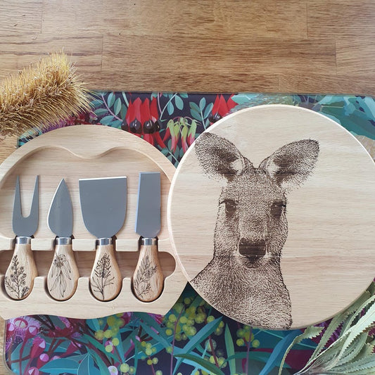 Eastern Grey Kangaroo Australian Native Engraved Cutting Chopping Cheese Serving Board with 4 Knives Set