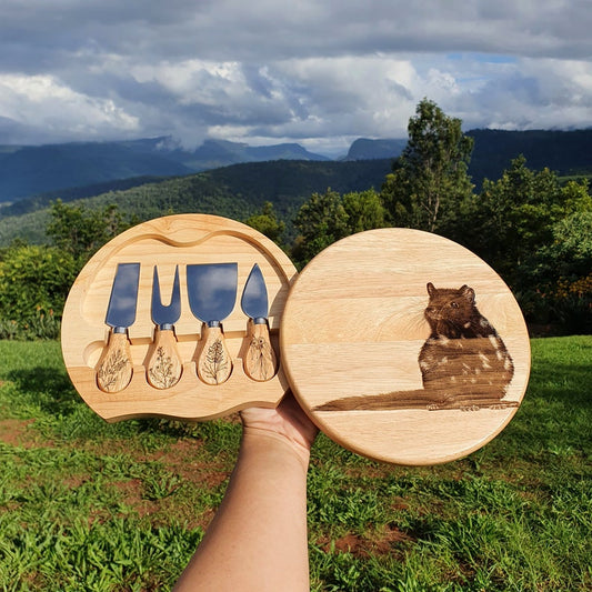 Eastern Quoll Australian Native Engraved Cutting Chopping Cheese Serving Board with 4 Knives Set