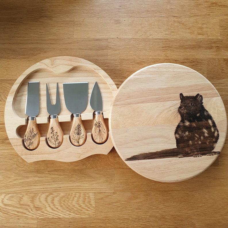 Eastern Quoll Australian Native Engraved Cutting Chopping Cheese Serving Board with 4 Knives Set