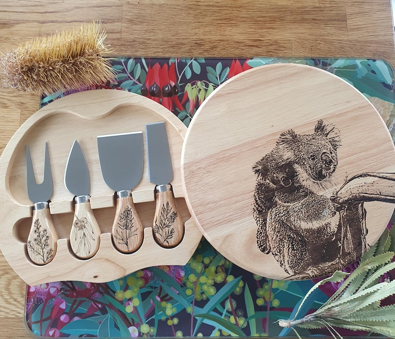 Koala & Joey Australian Native Engraved Cutting Chopping Cheese Serving Board with 4 Knives Set