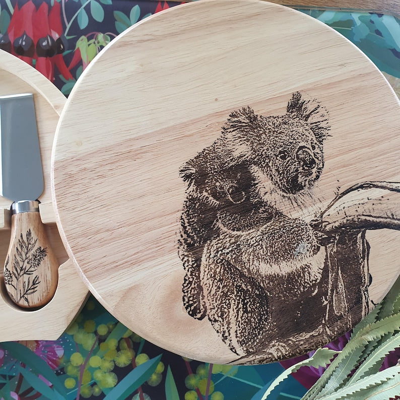 Koala & Joey Australian Native Engraved Cutting Chopping Cheese Serving Board with 4 Knives Set