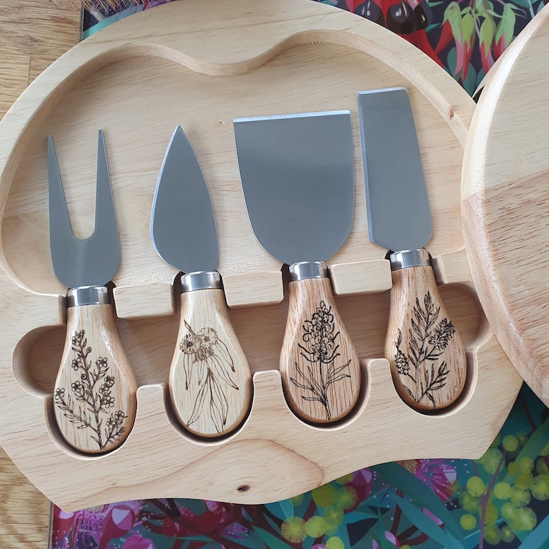 Koala & Joey Australian Native Engraved Cutting Chopping Cheese Serving Board with 4 Knives Set