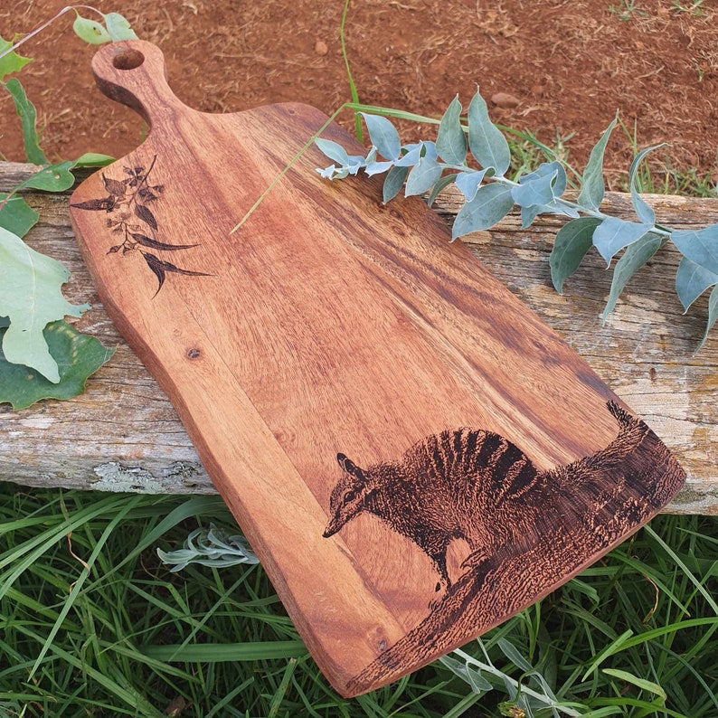 Numbat & Eucalyptus Custom Engraved Australian Native  Hardwood Chopping/Cutting/Serving Paddle Board