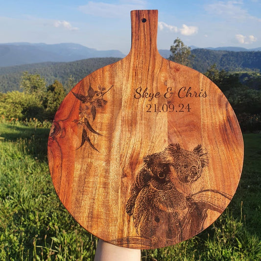 Personalised Wedding Gift With Name And Date Australian Native Koala And Eucalypt Engraved Cutting Chopping Serving Board