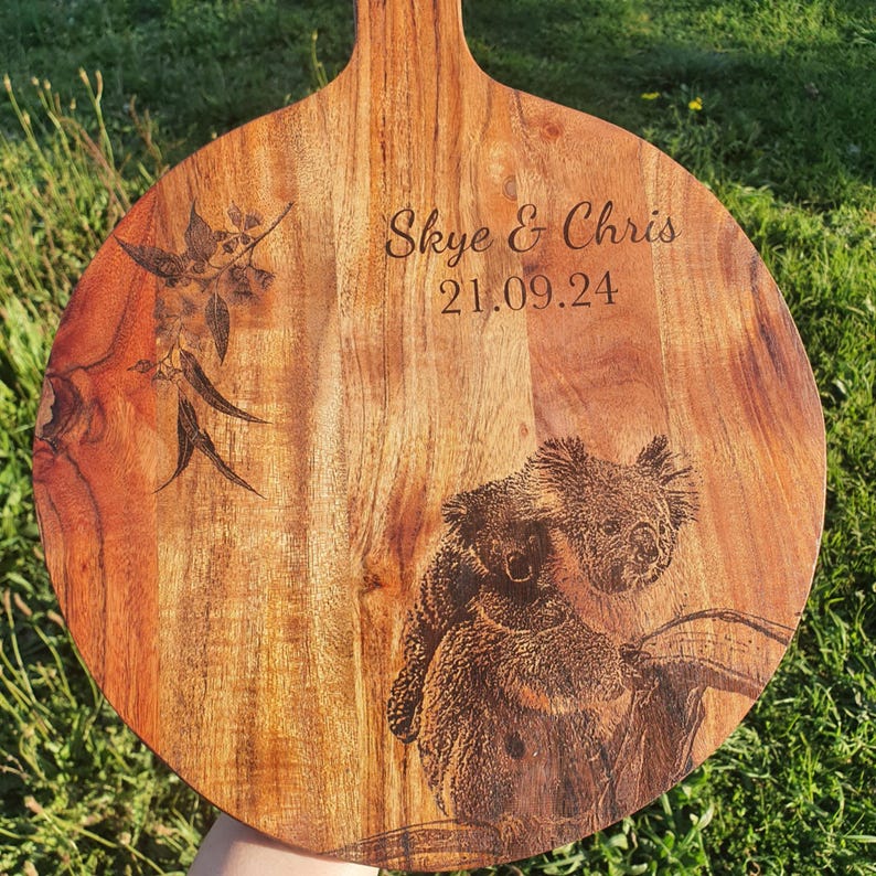 Personalised Wedding Gift With Name And Date Australian Native Koala And Eucalypt Engraved Cutting Chopping Serving Board