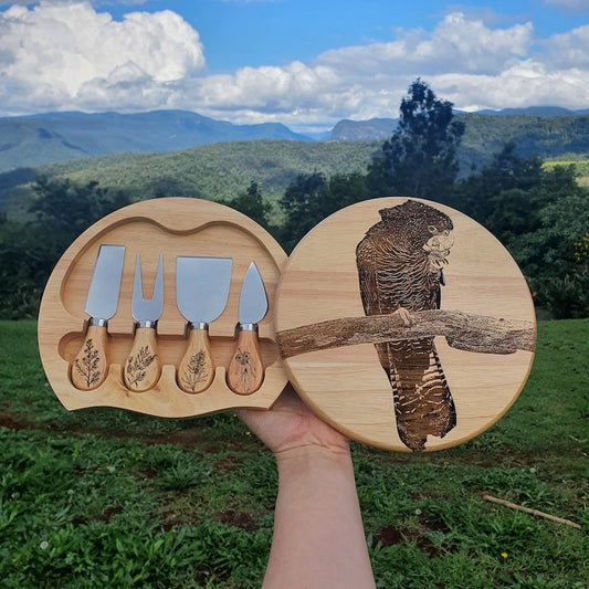 Red-tailed Black Cockatoo Australian Native Engraved Cutting Chopping Cheese Serving Board with 4 Knives Set