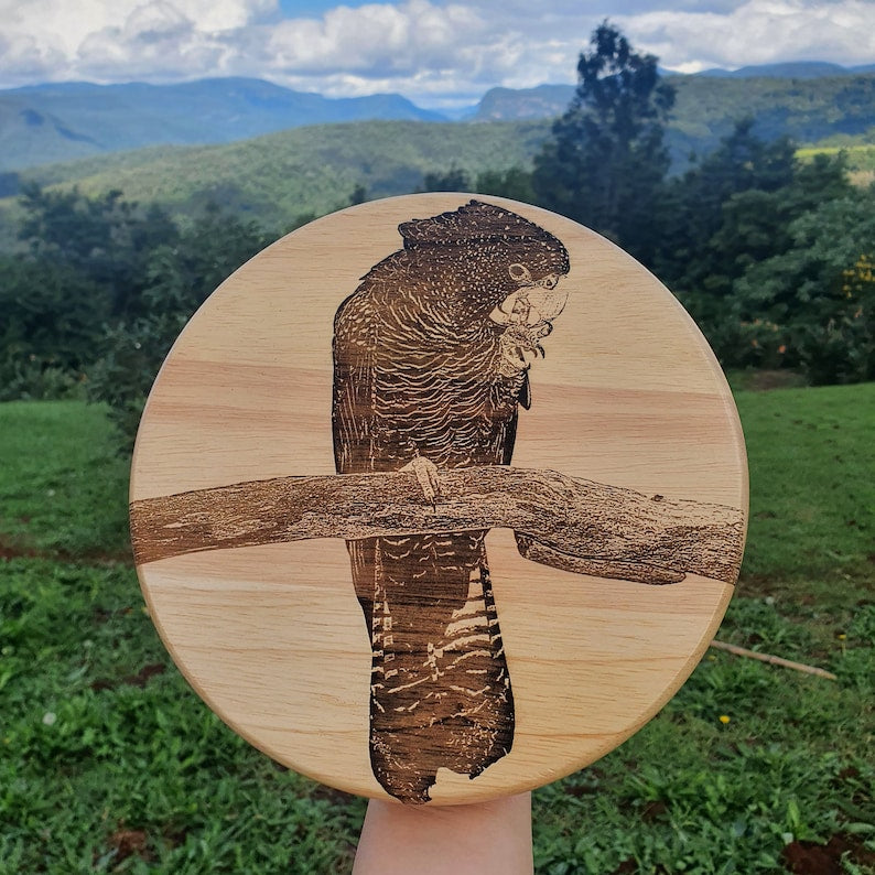 Red-tailed Black Cockatoo Australian Native Engraved Cutting Chopping Cheese Serving Board with 4 Knives Set