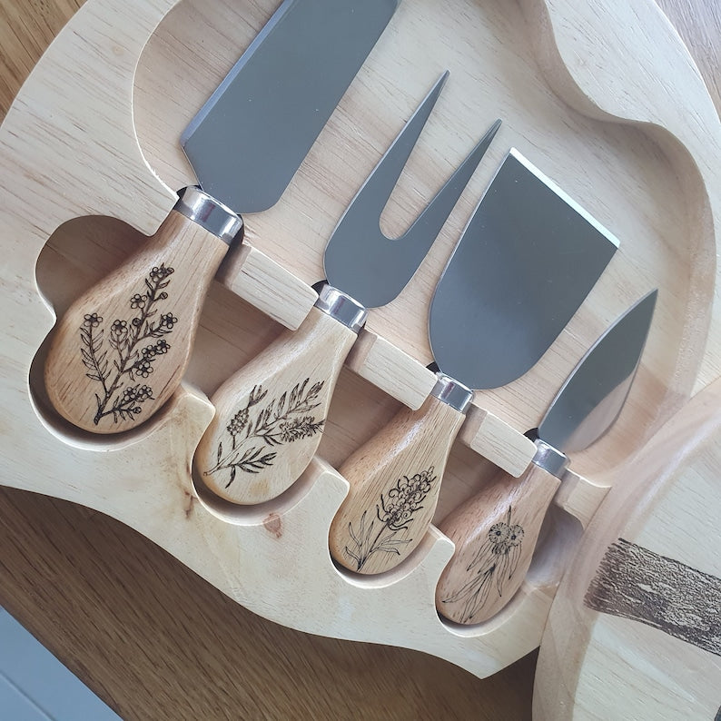 Red-tailed Black Cockatoo Australian Native Engraved Cutting Chopping Cheese Serving Board with 4 Knives Set