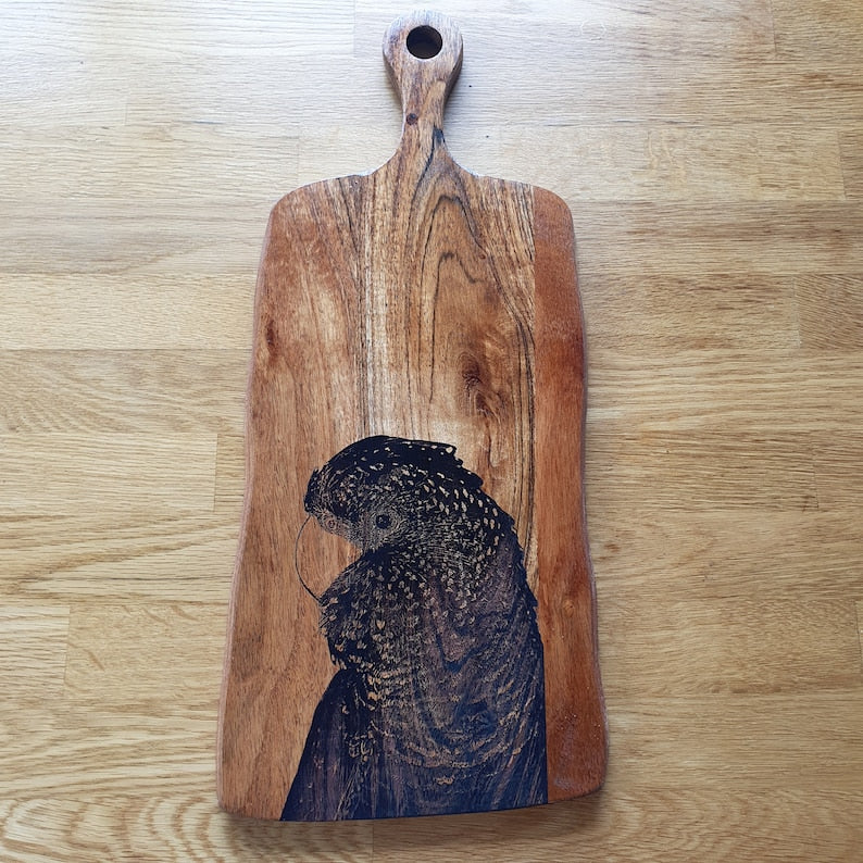 Red-tailed Black Cockatoo Custom Engraved Australian Native Hardwood Chopping/Cutting/Serving Paddle Board