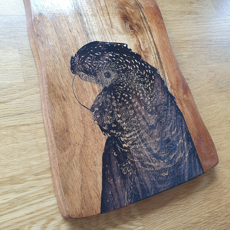 Red-tailed Black Cockatoo Custom Engraved Australian Native Hardwood Chopping/Cutting/Serving Paddle Board