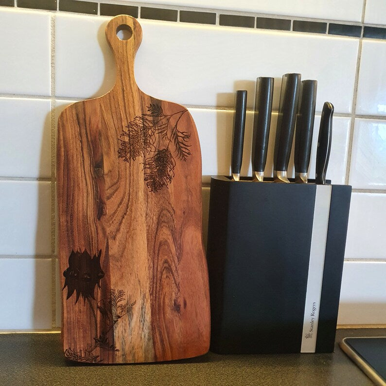 Sturt's Desert Pea & Grevillea Custom Engraved Australian Native Flower Hardwood Chopping/Cutting/Serving Paddle Board