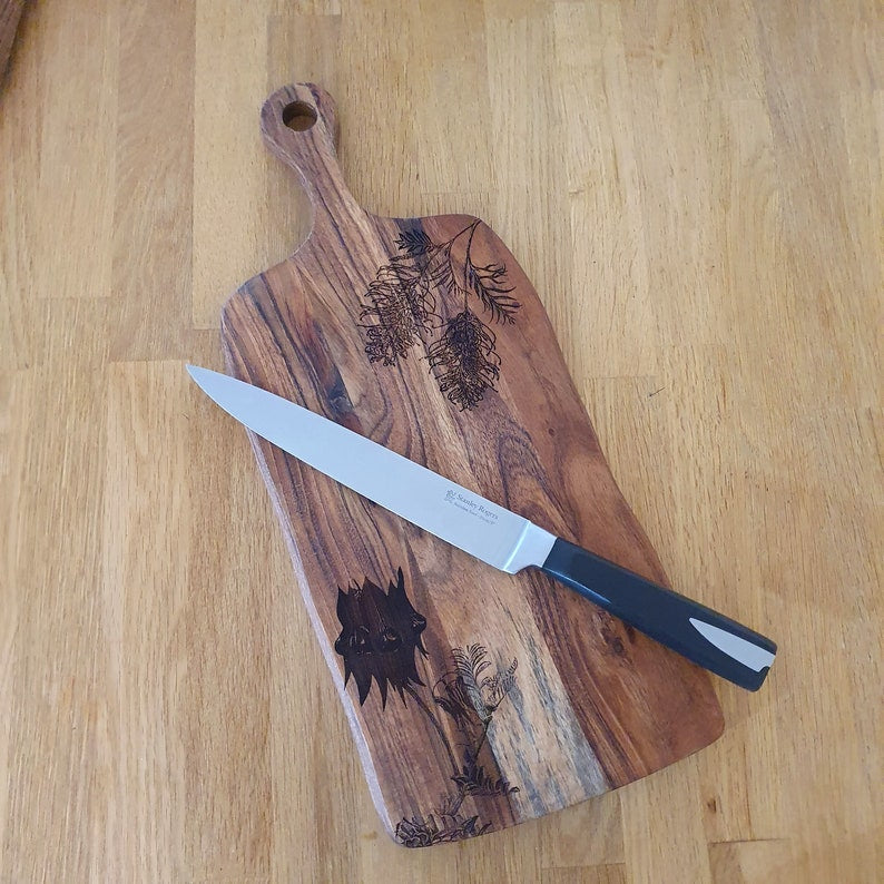 Sturt's Desert Pea & Grevillea Custom Engraved Australian Native Flower Hardwood Chopping/Cutting/Serving Paddle Board