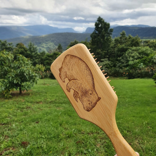 Wombat Australian Native Engraved Bamboo Hairbrush Paddle Rectangle Anti Static