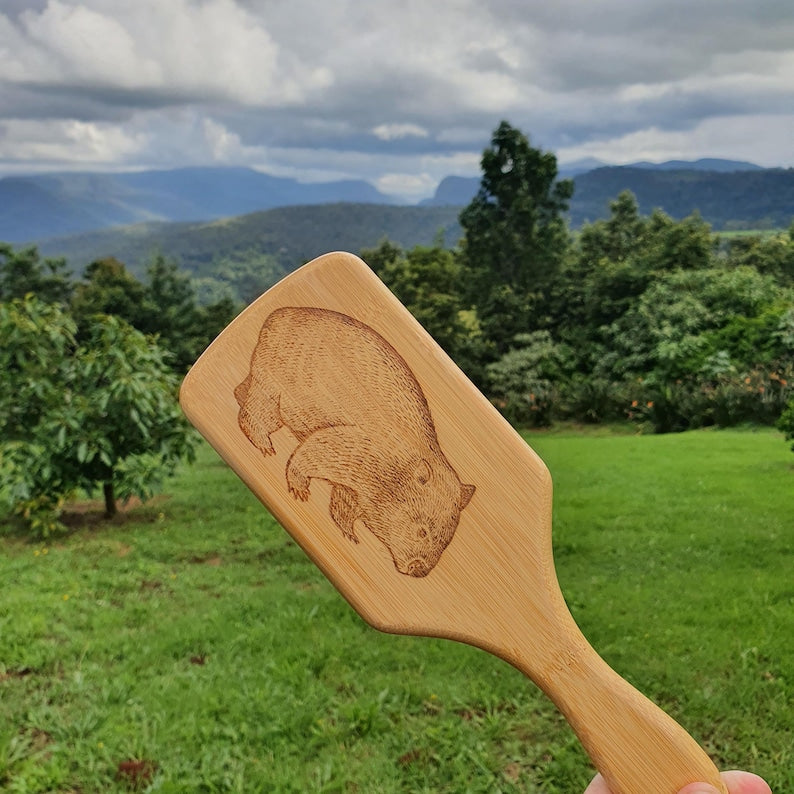 Wombat Australian Native Engraved Bamboo Hairbrush Paddle Rectangle Anti Static
