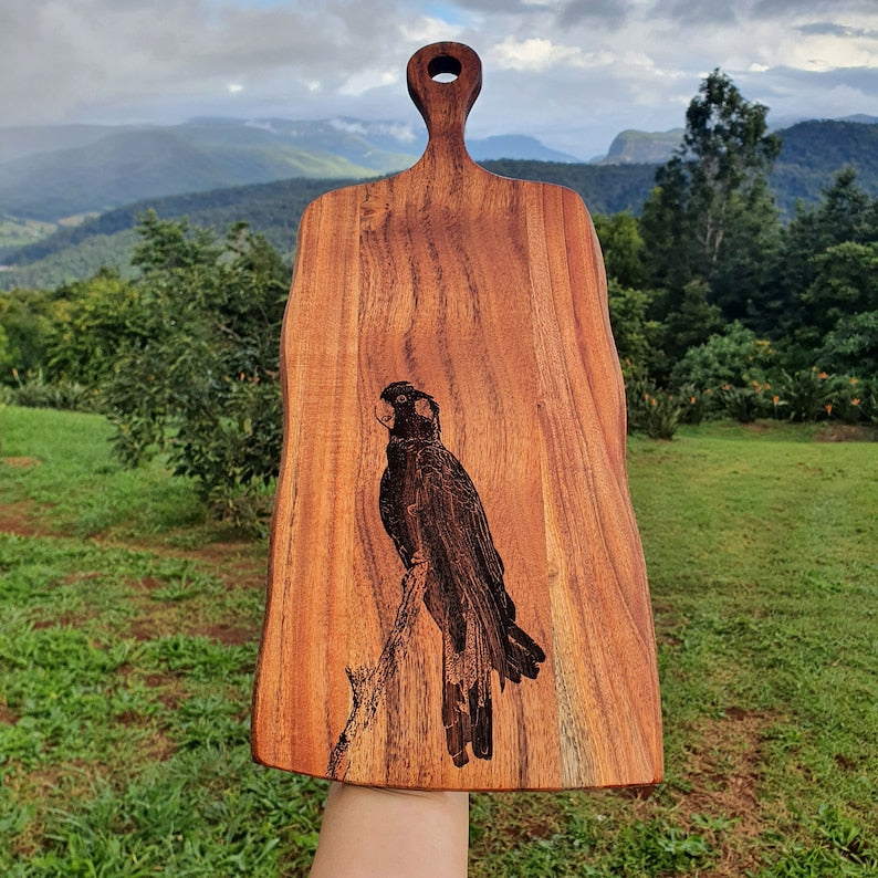 Yellow-tailed Black Cockatoo Custom Engraved Australian Native Hardwood Chopping/Cutting/Serving Paddle Board