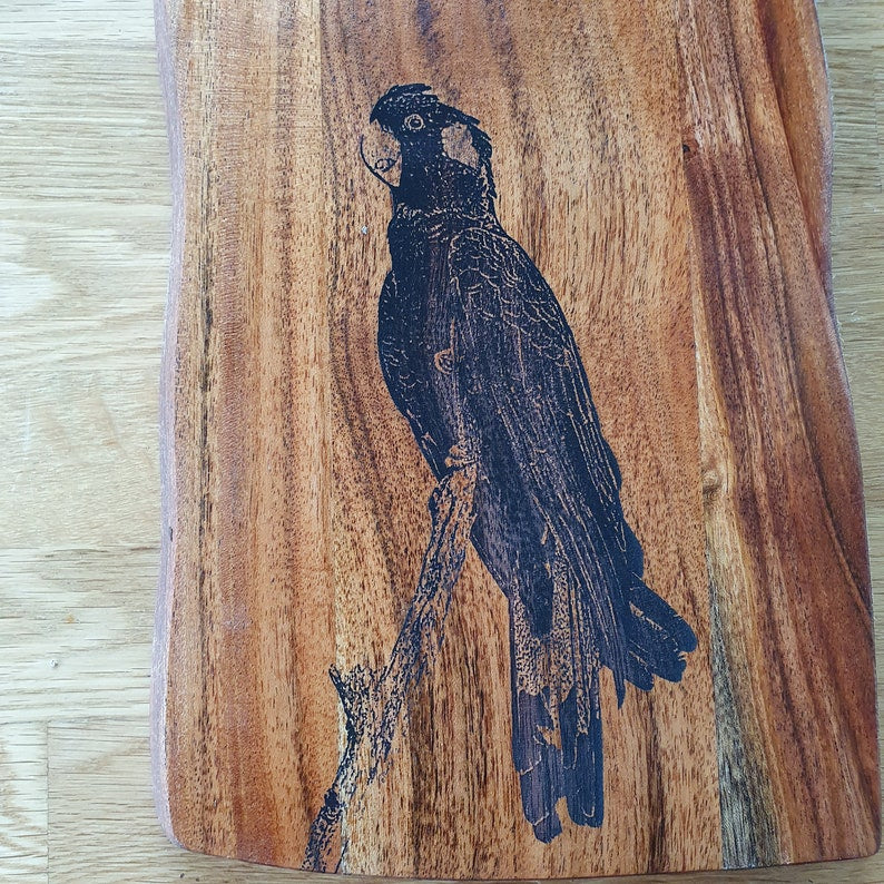 Yellow-tailed Black Cockatoo Custom Engraved Australian Native Hardwood Chopping/Cutting/Serving Paddle Board