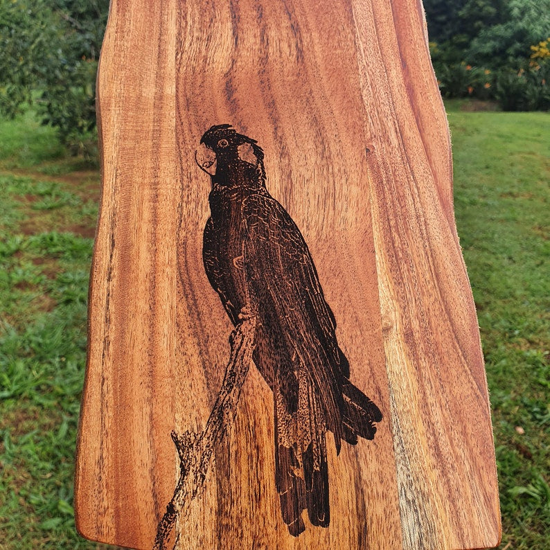 Yellow-tailed Black Cockatoo Custom Engraved Australian Native Hardwood Chopping/Cutting/Serving Paddle Board