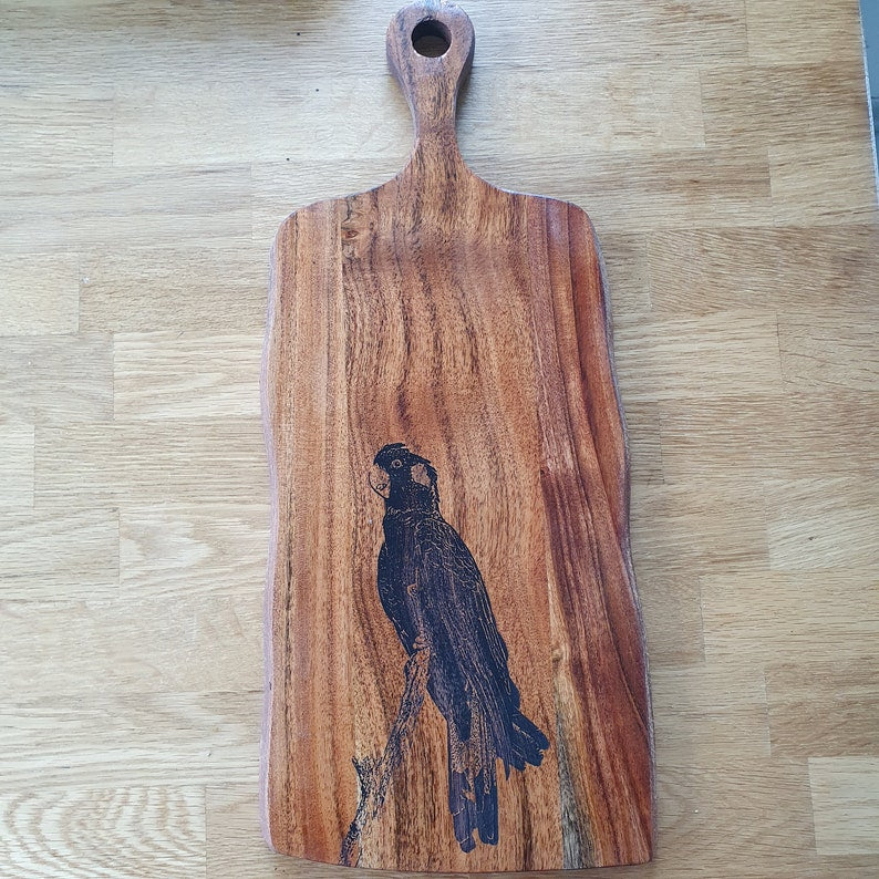 Yellow-tailed Black Cockatoo Custom Engraved Australian Native Hardwood Chopping/Cutting/Serving Paddle Board