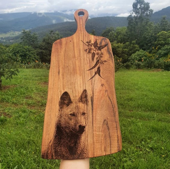 Dingo & Eucalyptus Custom Engraved Australian Native Hardwood Chopping/Cutting/Serving Paddle Board