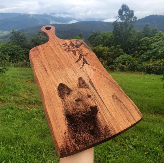 Dingo & Eucalyptus Custom Engraved Australian Native Hardwood Chopping/Cutting/Serving Paddle Board