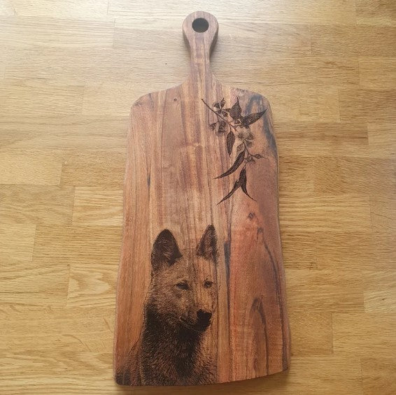 Dingo & Eucalyptus Custom Engraved Australian Native Hardwood Chopping/Cutting/Serving Paddle Board