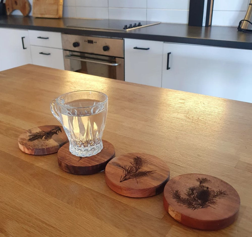 Australian Flora Coaster Set Custom Engraved Banksia, Callistemon, Grevillea, Wattle