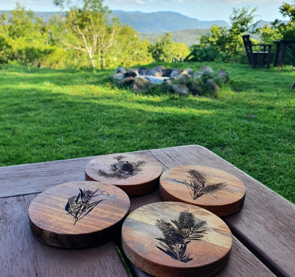 Australian Flora Coaster Set Custom Engraved Banksia, Callistemon, Grevillea, Wattle