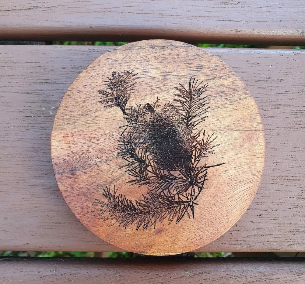 Australian Flora Coaster Set Custom Engraved Banksia, Callistemon, Grevillea, Wattle