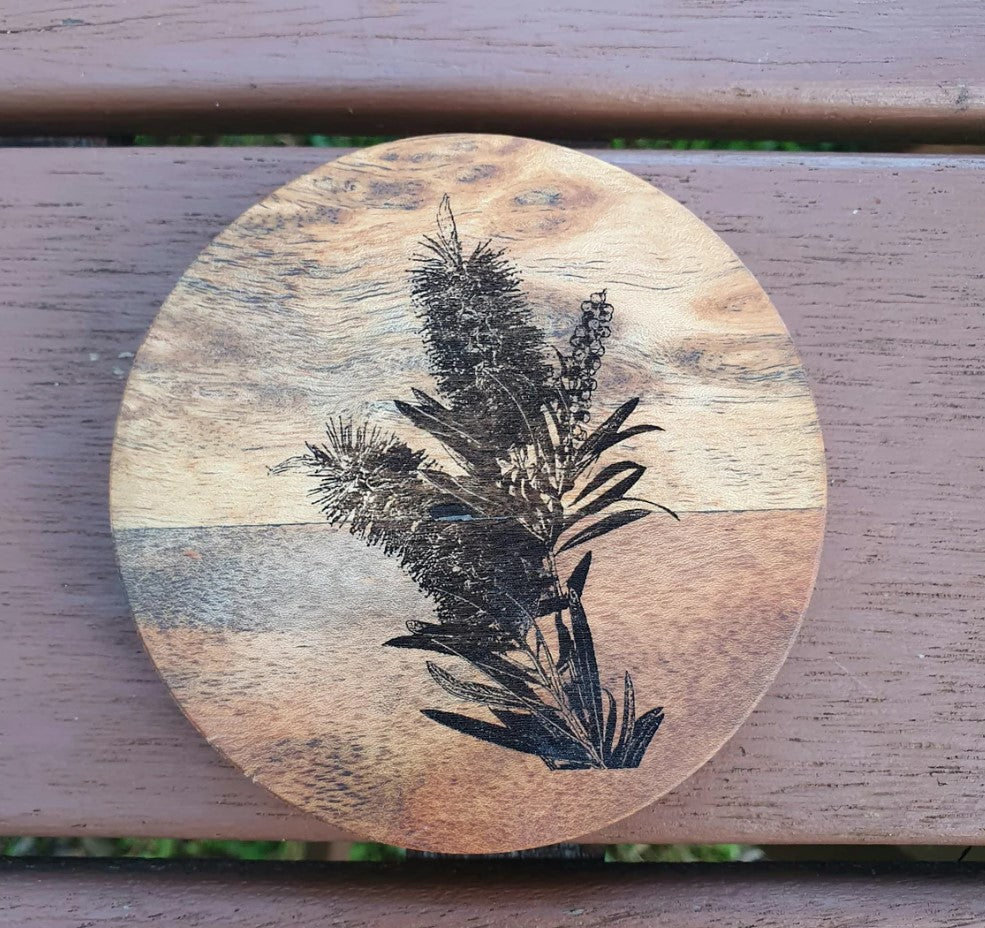 Australian Flora Coaster Set Custom Engraved Banksia, Callistemon, Grevillea, Wattle