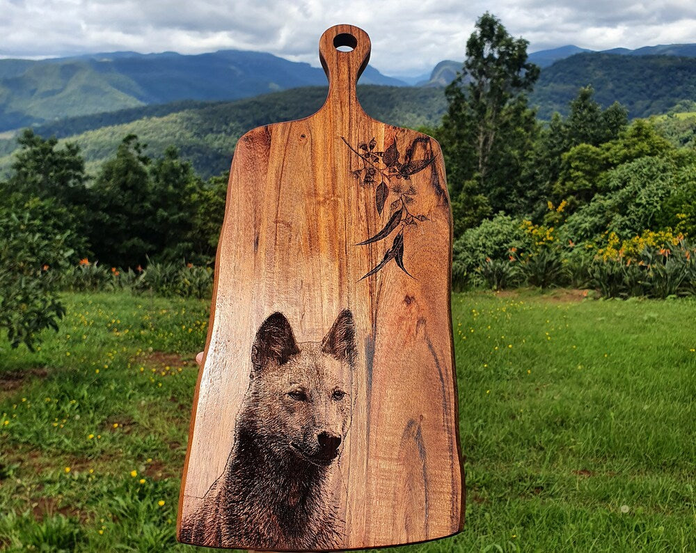 Dingo & Eucalyptus Custom Engraved Australian Native Hardwood Chopping/Cutting/Serving Paddle Board