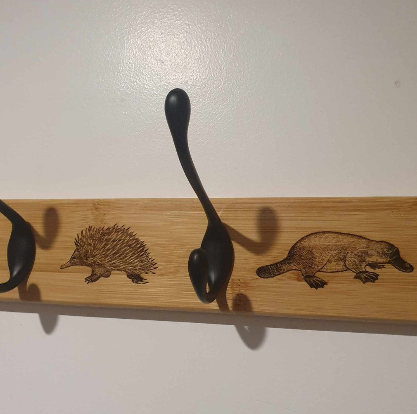 Australian Native Mammal (Echidna, Platypus, Tasmanian Devil) Timber & Metal Hooks Wall Fixture Coat Hat Towel Keys Hanger